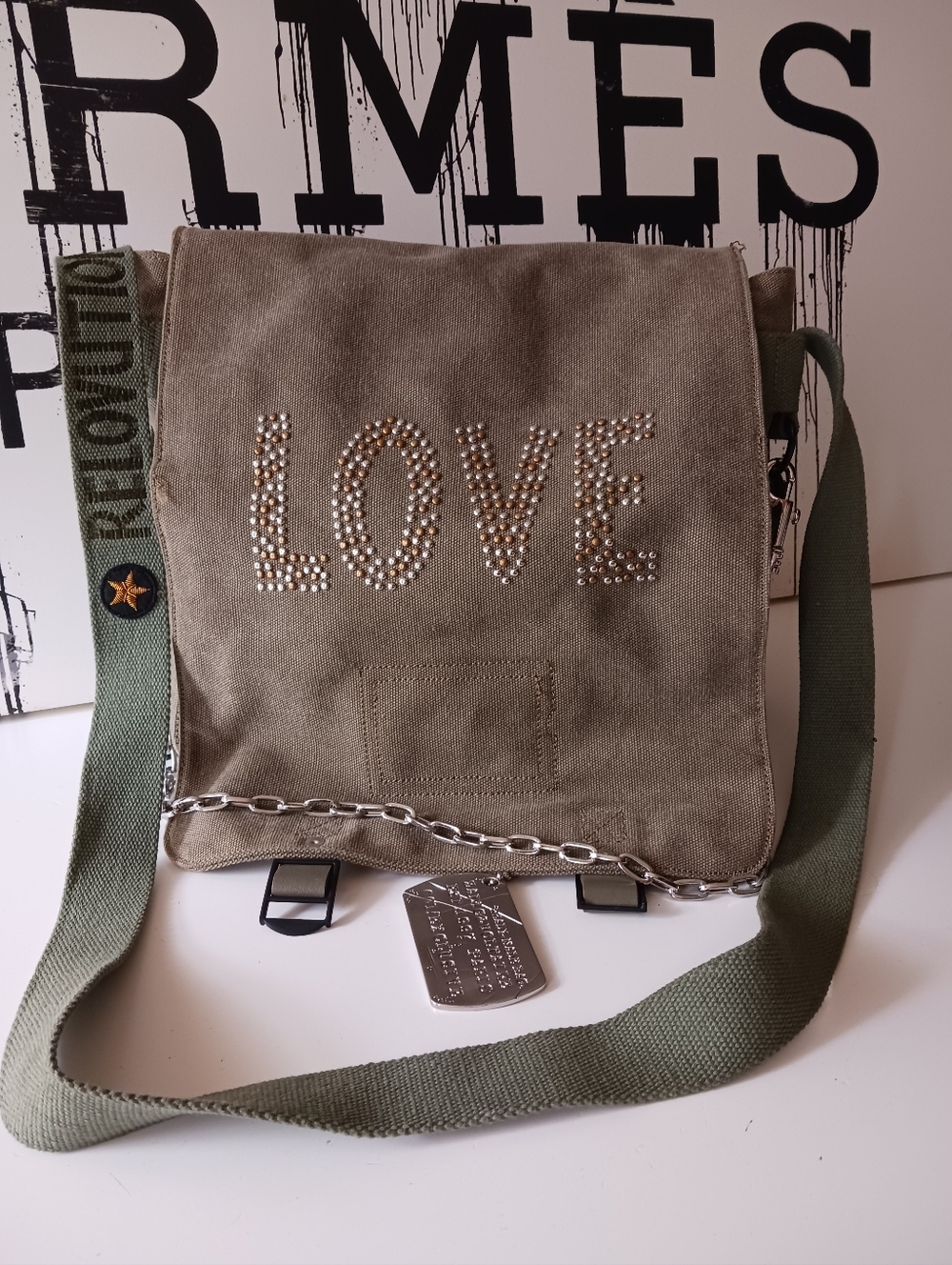 Zadig & Voltaire Olive Green 'LOVE' Studded Canvas Crossbody Bag